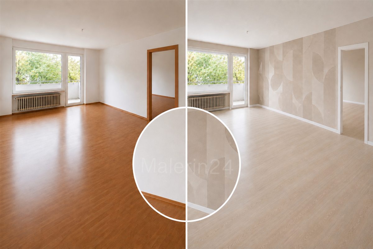 Vorher-Nachher-Vergleich eines Wohnzimmers mit heller Holzoptik und geometrischer Akzenttapete