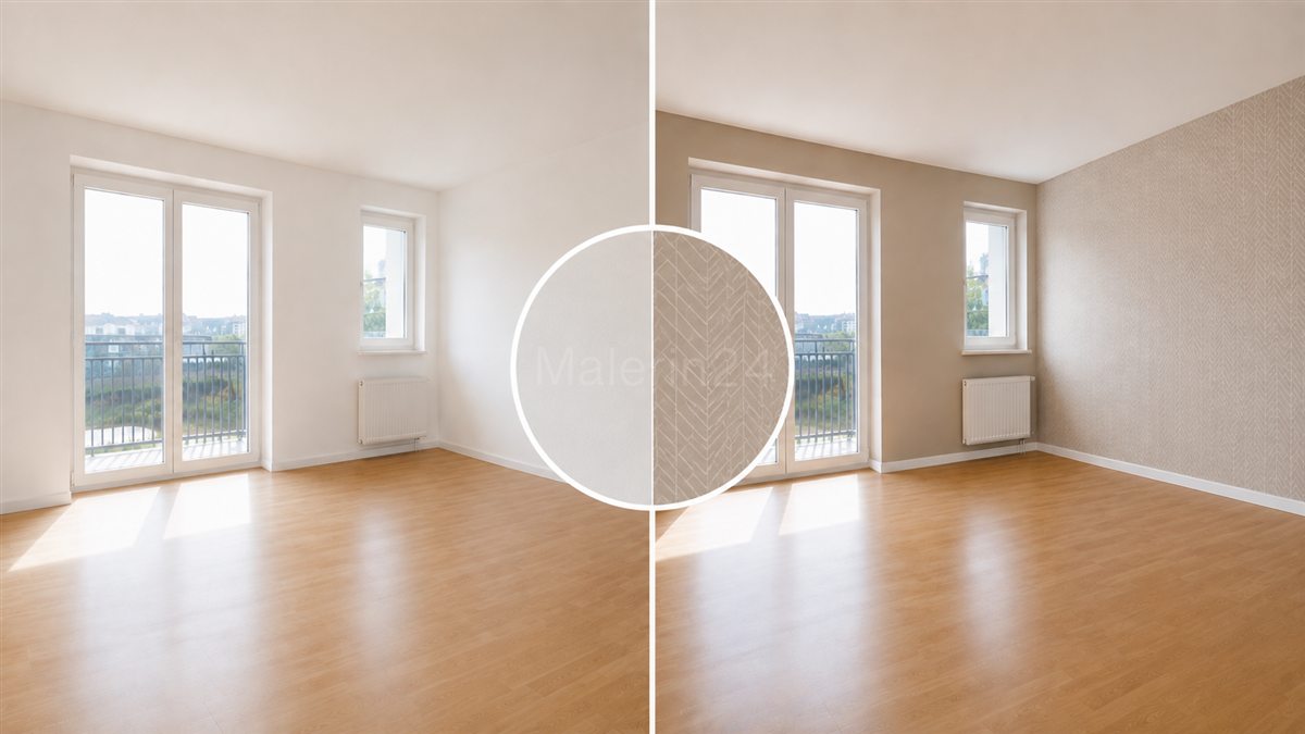 Vorher-Nachher-Vergleich eines hellen Wohnraums mit beigefarbener Wand und feiner Mustertapete